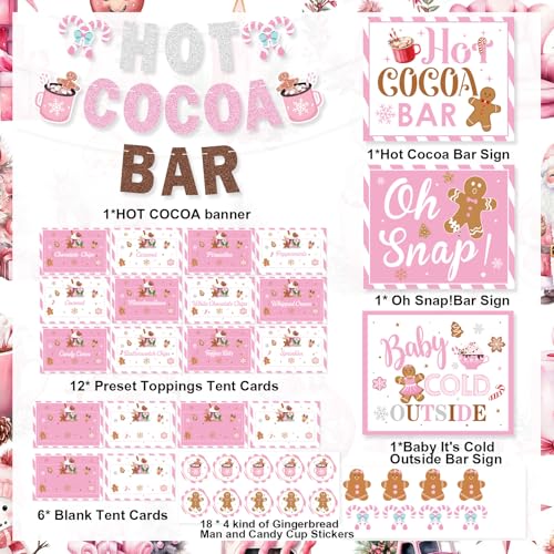 K KUMEED Hot Cocoa Bar Kit Pink Hot Cocoa Bar Banner Cute Gingerbread Man Sign Oh Snap Toppings Tent Cards Cup Tags Stickers for Winter Baby Shower Christmas Party Baby Its Cold Outside Decorations - Image 5