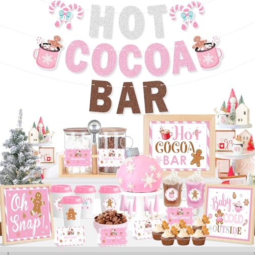 K KUMEED Hot Cocoa Bar Kit Pink Hot Cocoa Bar Banner Cute Gingerbread Man Sign Oh Snap Toppings Tent Cards Cup Tags Stickers for Winter Baby Shower Christmas Party Baby Its Cold Outside Decorations - Image 1