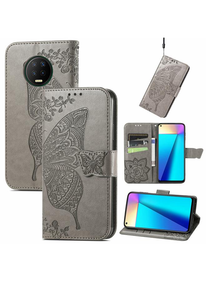 اس-توب جراب جلدي أفقي قابل للطي منقوش عليه زهور حب الفراشات مع حامل وفتحات للبطاقات ومحفظة وحبل لهاتف Infinix Note 7 - Image 1