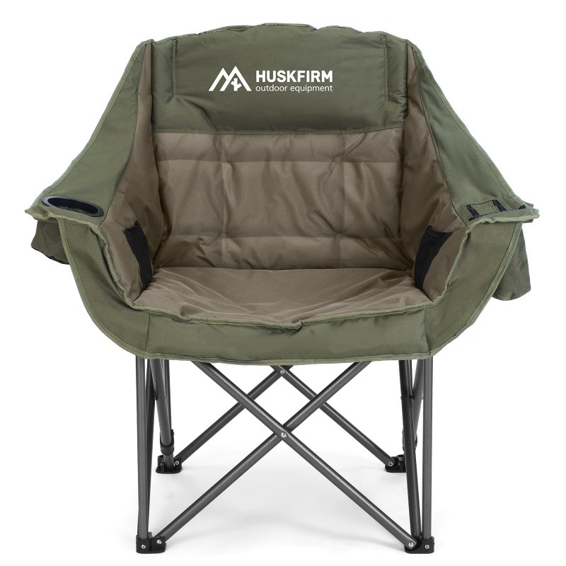 Huskfirm Oversized Camping Chair Padded Camping Chairs Heavy-Duty Foldable Camping Chairs with Cup Holder and Cooler Bag Portable Lawn Chair for Sports Outdoors-Support 450LBS, Green - Image 1