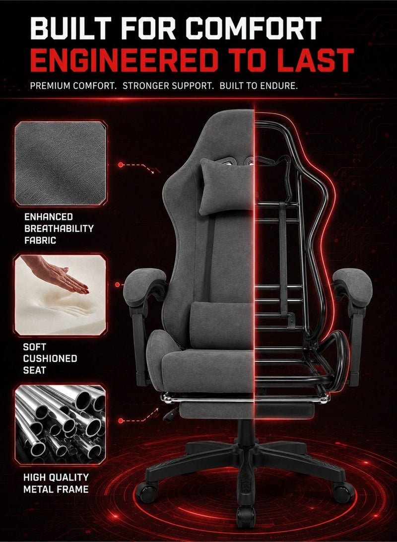 FUOE Flannel upholstered gaming chair, adjustable computer/office chair, high back, with padded armrests and headrest, height adjustable, with casters, ergonomic design, and lumbar support (grey). - Image 5