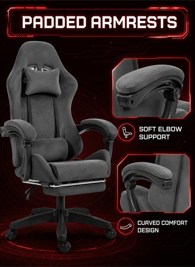 FUOE Flannel upholstered gaming chair, adjustable computer/office chair, high back, with padded armrests and headrest, height adjustable, with casters, ergonomic design, and lumbar support (grey). - Image 3