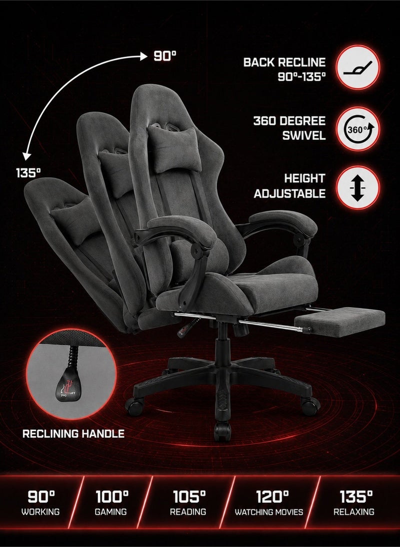 FUOE Flannel upholstered gaming chair, adjustable computer/office chair, high back, with padded armrests and headrest, height adjustable, with casters, ergonomic design, and lumbar support (grey). - Image 2