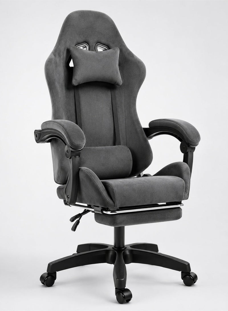 FUOE Flannel upholstered gaming chair, adjustable computer/office chair, high back, with padded armrests and headrest, height adjustable, with casters, ergonomic design, and lumbar support (grey). - Image 1