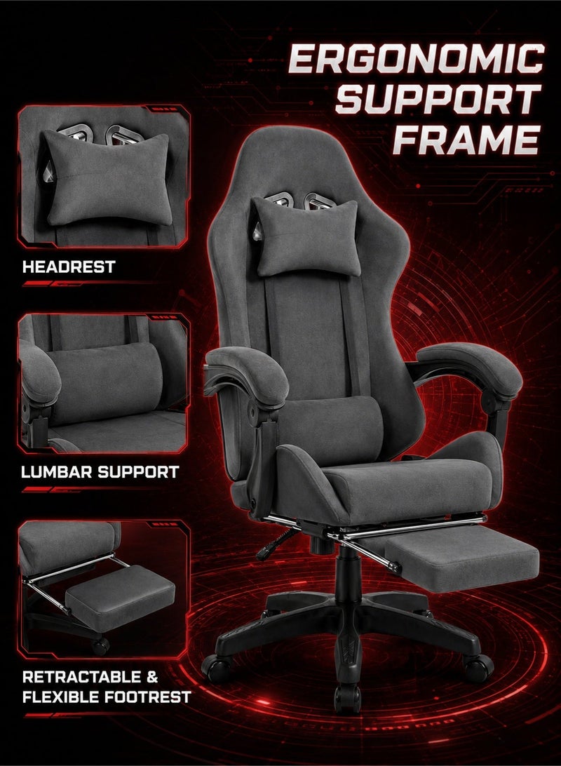 FUOE Flannel upholstered gaming chair, adjustable computer/office chair, high back, with padded armrests and headrest, height adjustable, with casters, ergonomic design, and lumbar support (grey). - Image 4