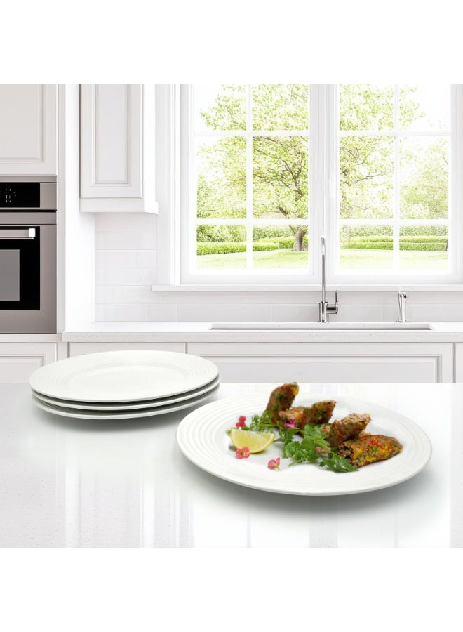 4pc Ceramic Dinner Plate Set Ripple Large Round Durable White Lightweight Dinnerware Microwave Safe Heavy-Duty Kitchen Plates for Dining Serving Everyday Meals Modern Home Tableware - Image 5