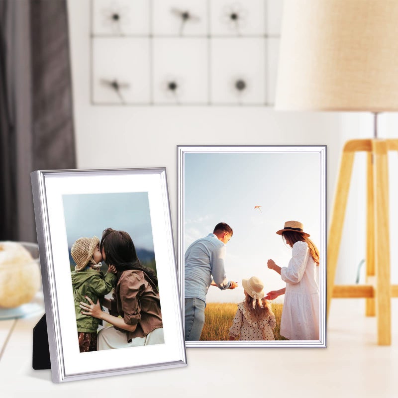Fkvat 4x6 Picture Frame Set of 4, Matted Silver Simple Modern Brushed Thin Aluminum Metal Photo Frame Fits 3x5 with Mat or 4 x 6 without Mat Vertical and Horizontal for Tabletop and Wall Mounting - Image 5