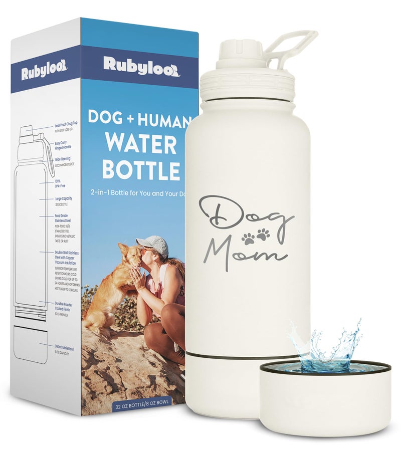 rubyloo Dog Mom Water Bottle - 32 oz Stainless Steel Double Wall Insulated with 8 oz Detachable Bowl on Bottom - Cool Dog Mom Gifts for Women for Hiking, Walking, Travel and Everyday Adventures - DM Cream - Image 1