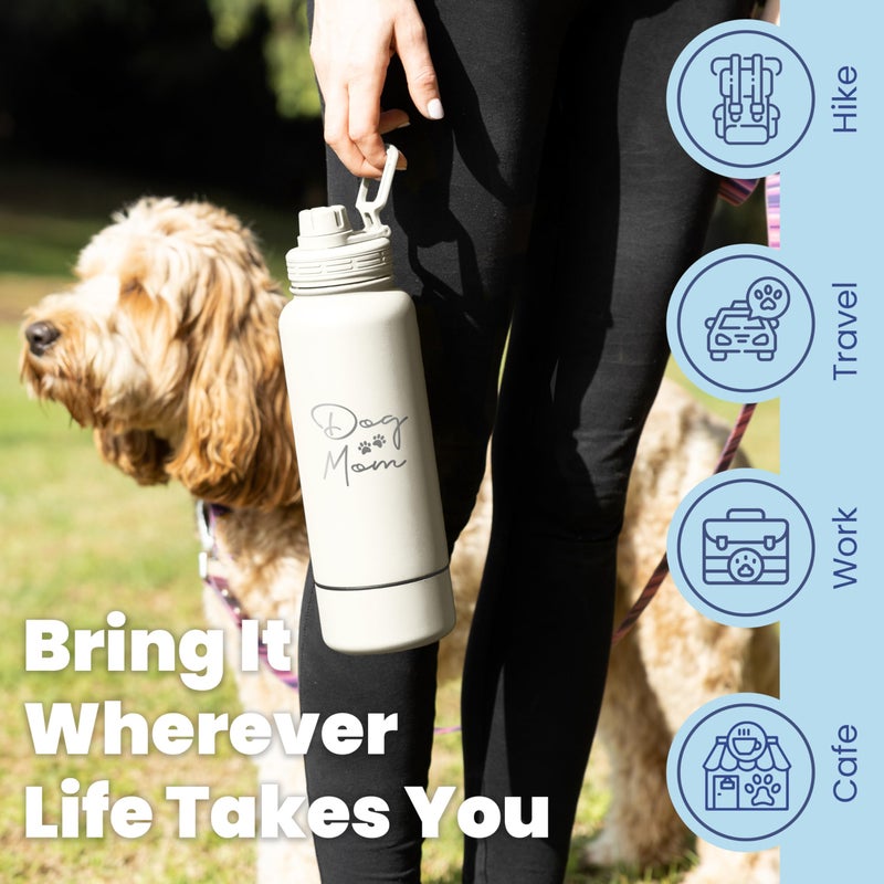 rubyloo Dog Mom Water Bottle - 32 oz Stainless Steel Double Wall Insulated with 8 oz Detachable Bowl on Bottom - Cool Dog Mom Gifts for Women for Hiking, Walking, Travel and Everyday Adventures - DM Cream - Image 3