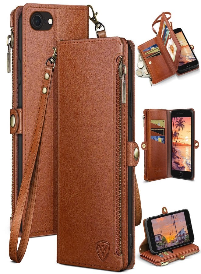 XcaseBar for iPhone SE 3rd/7/8 Wallet case with Zipper Credit Card Holder【RFID Blocking】, Flip Folio Book PU Leather Phone case Shockproof Cover Women Men for Apple SE case Light Brown - Image 1