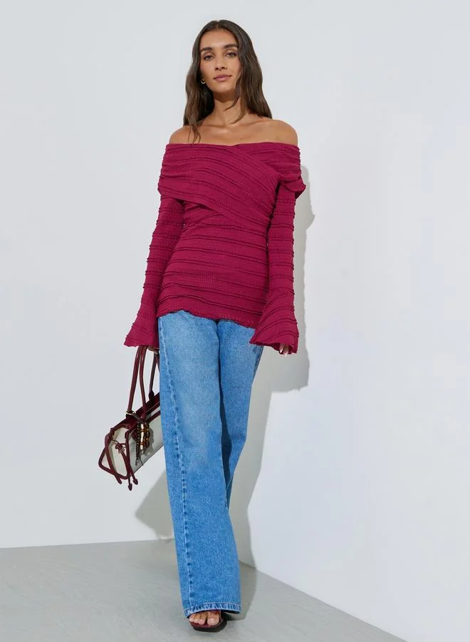 Styli Burgundy Ruffled Long Sleeve Crisscross Blouse