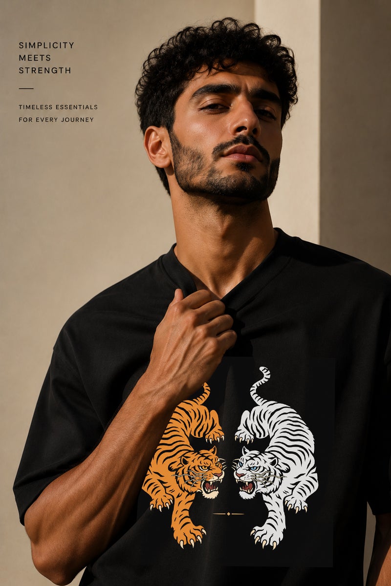 Men's Oversized Black Tiger Graphic T-Shirt Casual Short Sleeve Crew Neck Streetwear Tee - Image 5