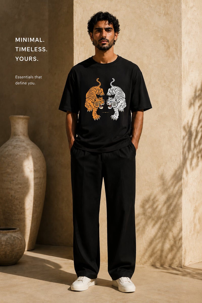 Men's Oversized Black Tiger Graphic T-Shirt Casual Short Sleeve Crew Neck Streetwear Tee - Image 2