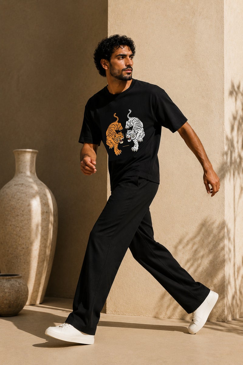 Men's Oversized Black Tiger Graphic T-Shirt Casual Short Sleeve Crew Neck Streetwear Tee - Image 3