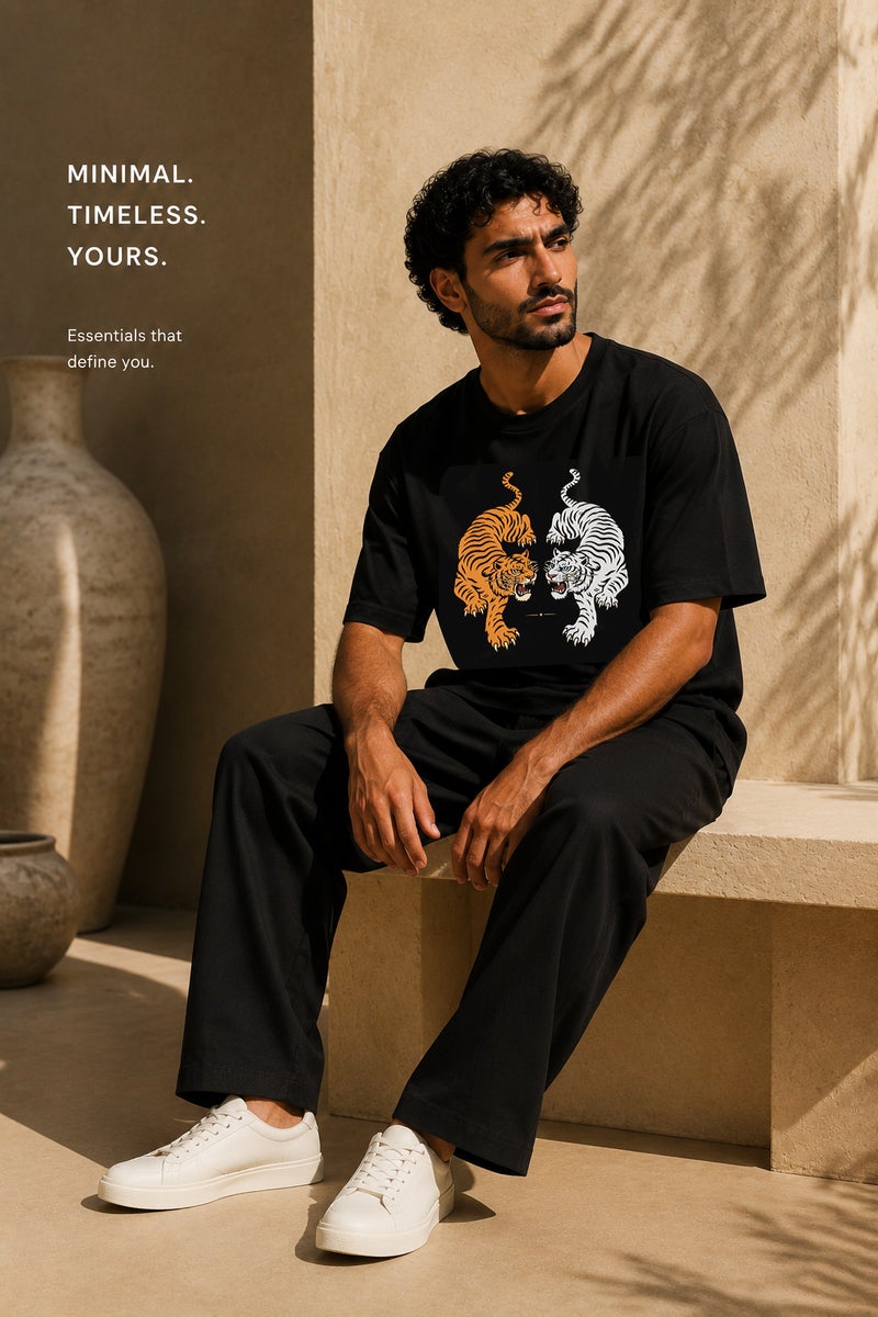 Men's Oversized Black Tiger Graphic T-Shirt Casual Short Sleeve Crew Neck Streetwear Tee - Image 4