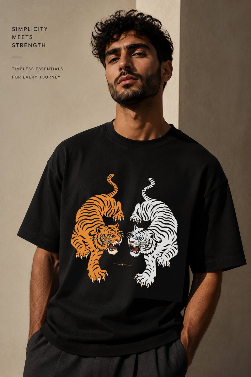 Men's Oversized Black Tiger Graphic T-Shirt Casual Short Sleeve Crew Neck Streetwear Tee - Image 1