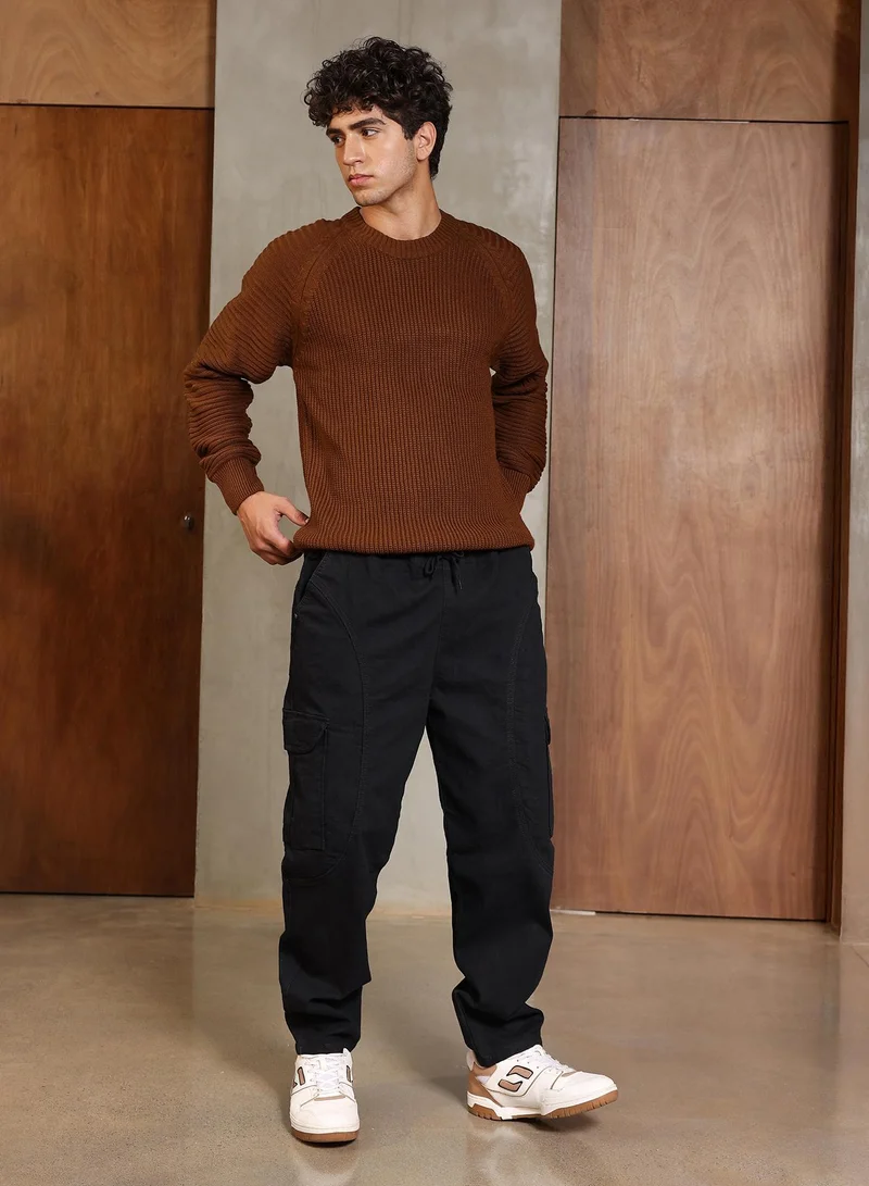 Campus Sutra Campus Sutra Men's Ash Brown Ribbed-Jacquard Knit Pullover Sweater | Round Neck , Ribbed Cuff Sleeves , Pull On Closure , Ribbed-Straight Hem | Solid Jacquard For Casual & Daily Wear