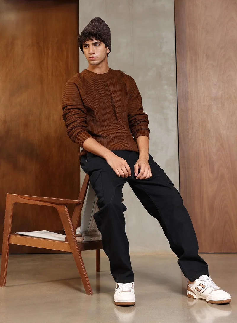 Campus Sutra Campus Sutra Men's Ash Brown Ribbed-Jacquard Knit Pullover Sweater | Round Neck , Ribbed Cuff Sleeves , Pull On Closure , Ribbed-Straight Hem | Solid Jacquard For Casual & Daily Wear