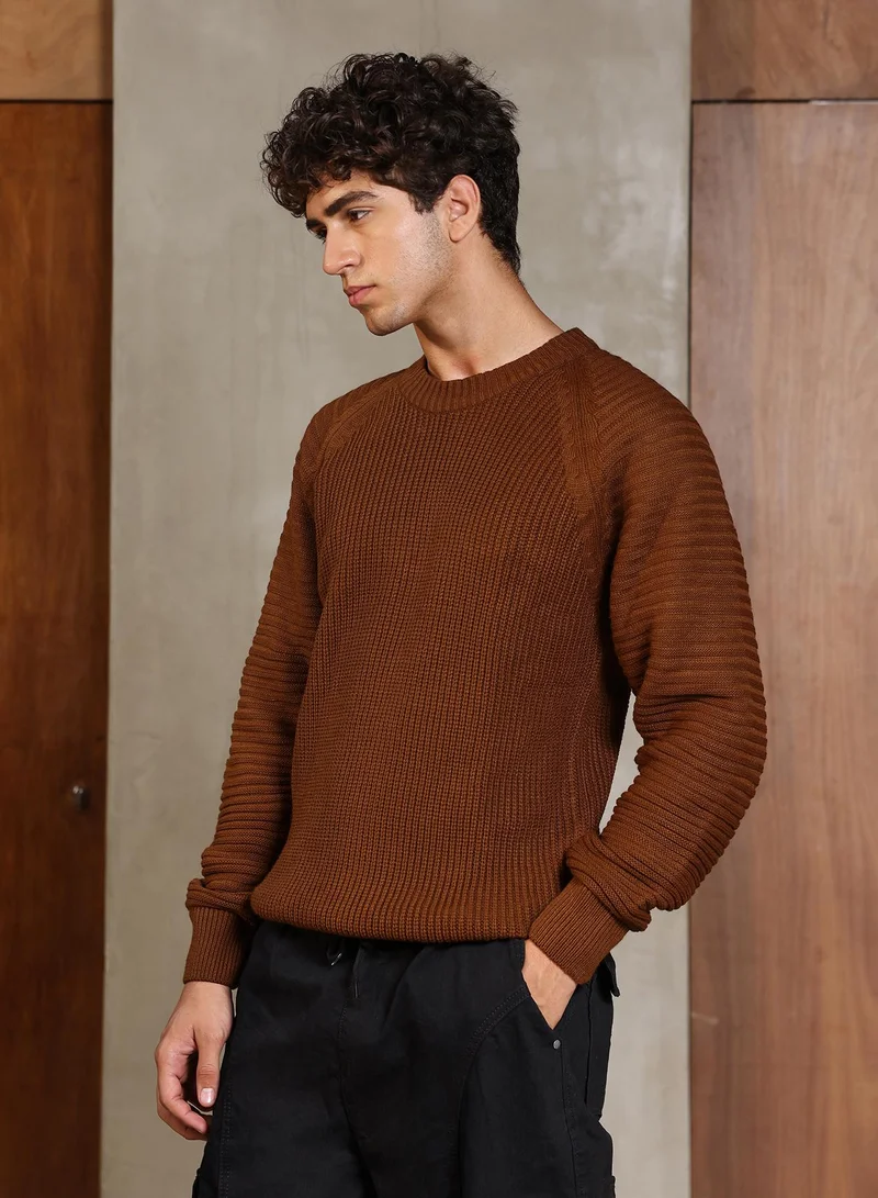Campus Sutra Campus Sutra Men's Ash Brown Ribbed-Jacquard Knit Pullover Sweater | Round Neck , Ribbed Cuff Sleeves , Pull On Closure , Ribbed-Straight Hem | Solid Jacquard For Casual & Daily Wear