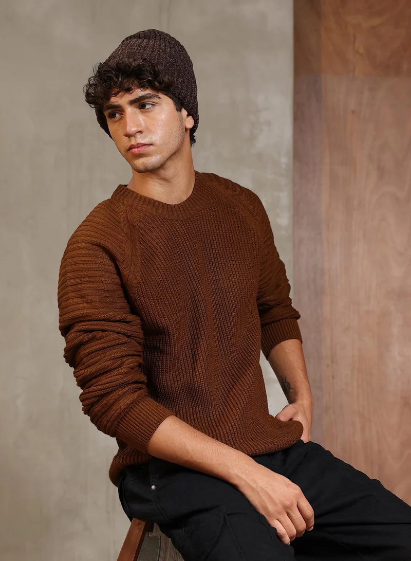 كامبوس سوترا Campus Sutra Men's Ash Brown Ribbed-Jacquard Knit Pullover Sweater | Round Neck , Ribbed Cuff Sleeves , Pull On Closure , Ribbed-Straight Hem | Solid Jacquard For Casual & Daily Wear