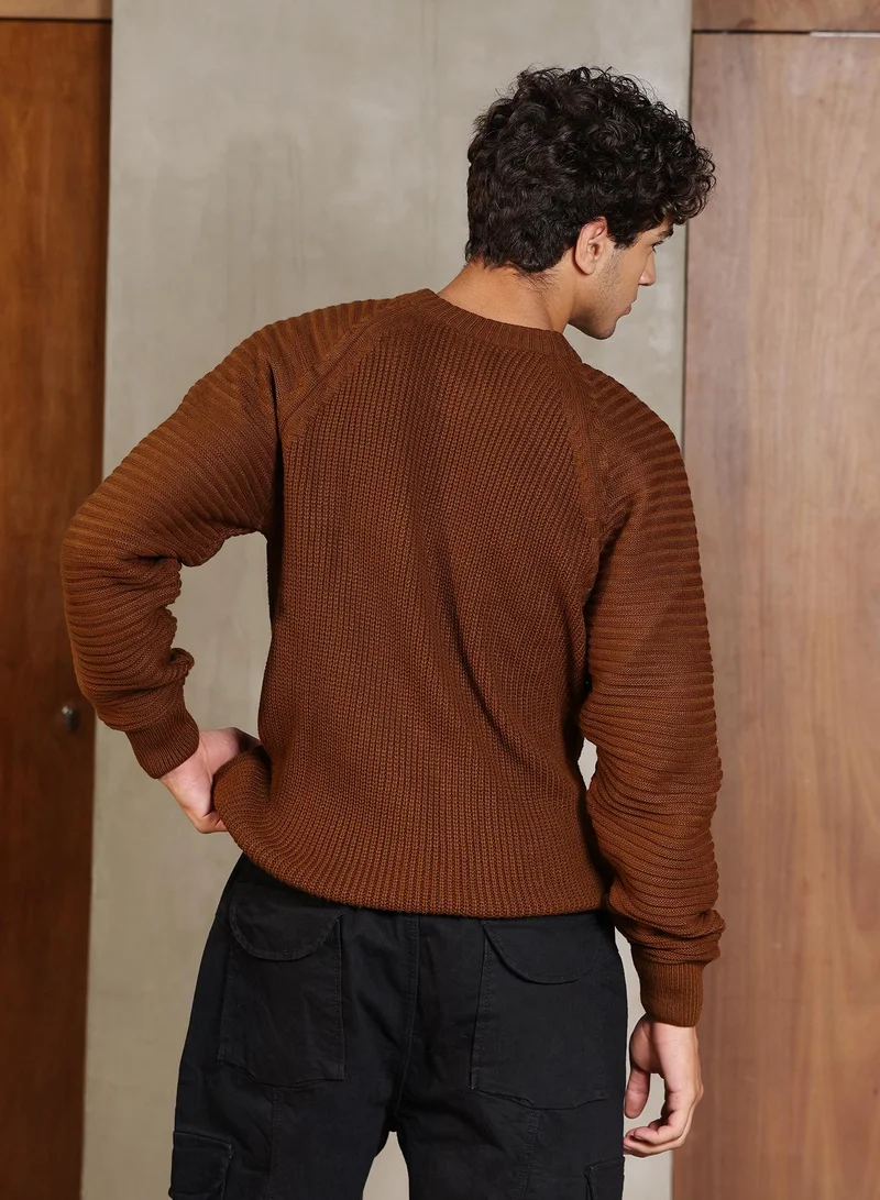 Campus Sutra Campus Sutra Men's Ash Brown Ribbed-Jacquard Knit Pullover Sweater | Round Neck , Ribbed Cuff Sleeves , Pull On Closure , Ribbed-Straight Hem | Solid Jacquard For Casual & Daily Wear