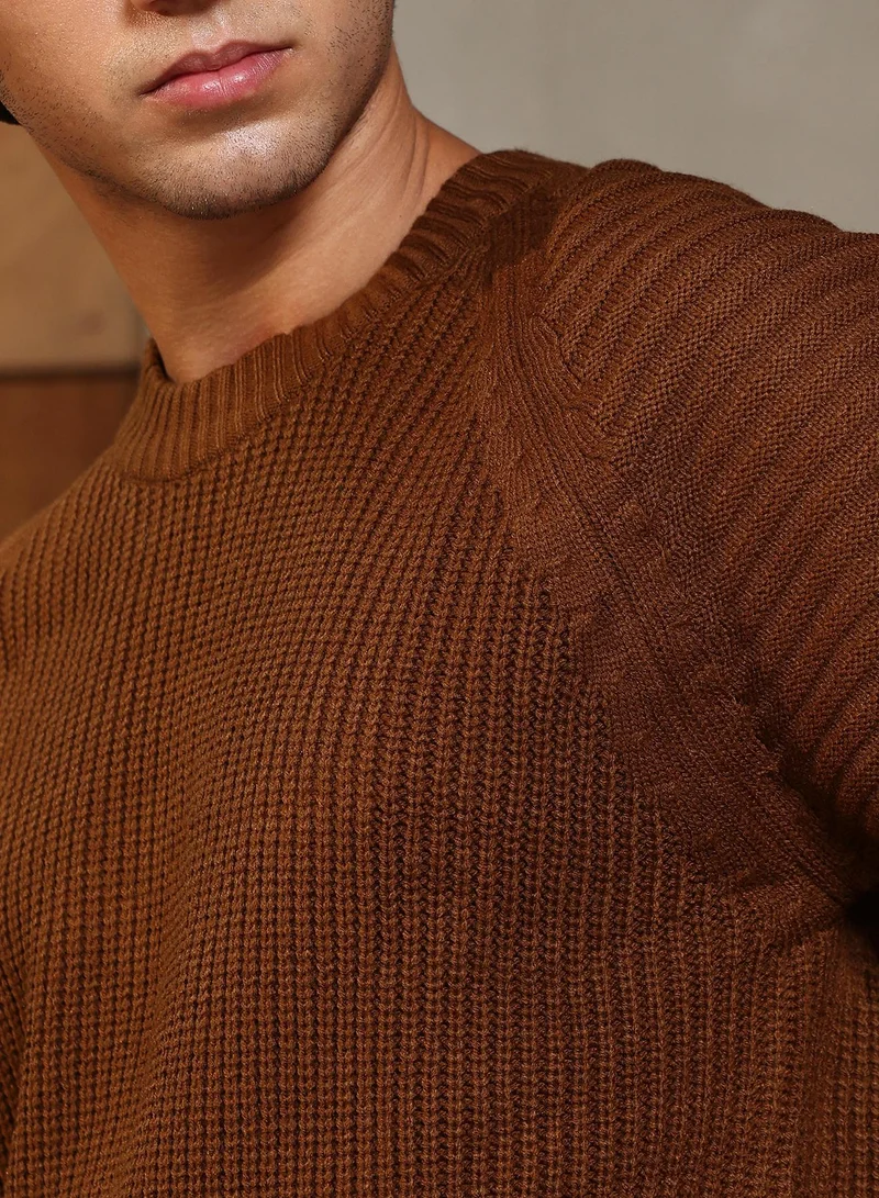 Campus Sutra Campus Sutra Men's Ash Brown Ribbed-Jacquard Knit Pullover Sweater | Round Neck , Ribbed Cuff Sleeves , Pull On Closure , Ribbed-Straight Hem | Solid Jacquard For Casual & Daily Wear