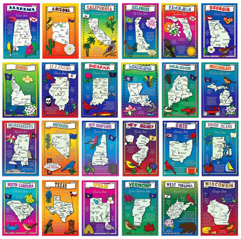 Postcard Fair U.S. State Map Postcard Set. 50 modern post card variety pack. Illustrated postcards with maps of all fifty states of the United States of America. Made in USA. - Image 1
