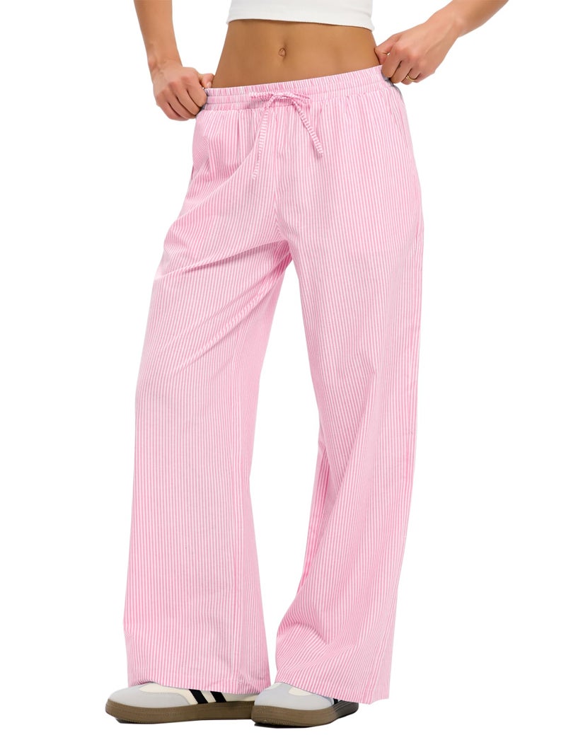 LOMON Spring Summer Pajamas Women Striped Pants Clothes Cute Wide Leg Pj Lounge Boxer Bottoms Elastic Waist Palazzo Trousers with Pockets (Pink Strips, L) - Image 1