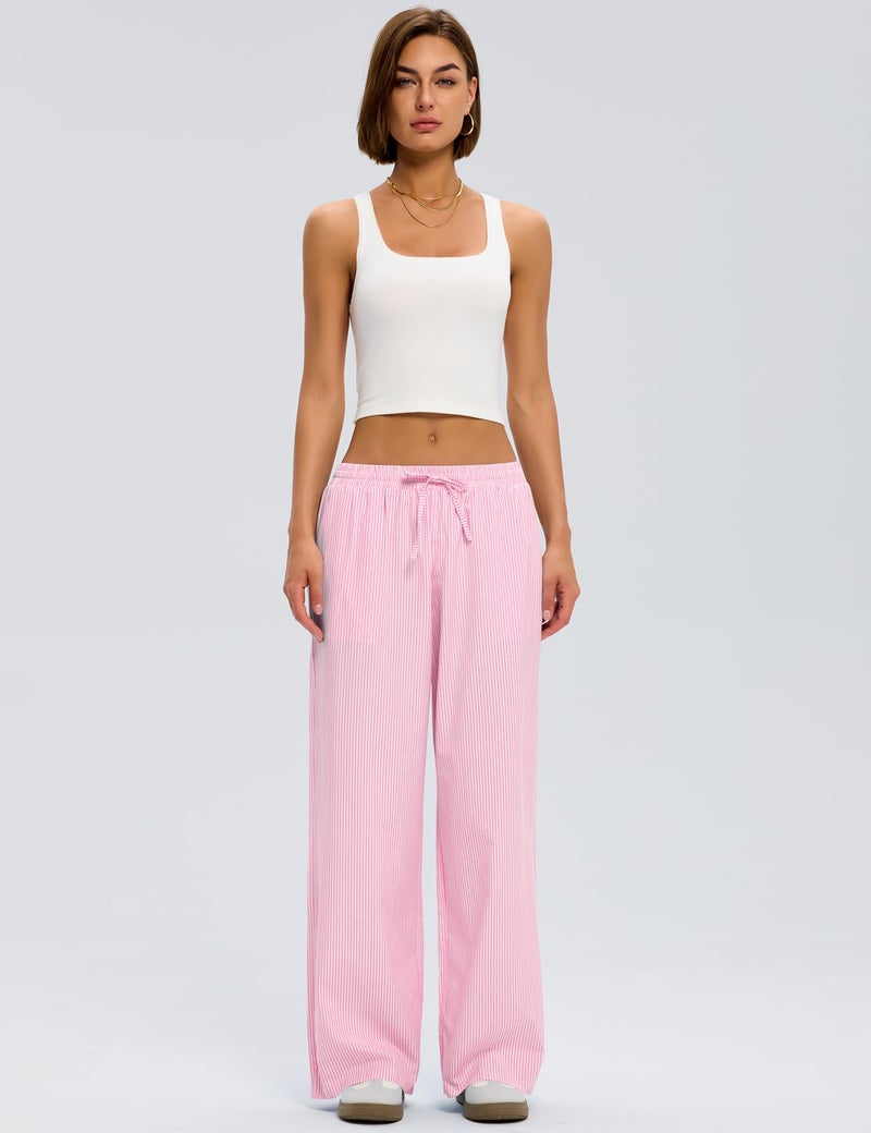 LOMON Spring Summer Pajamas Women Striped Pants Clothes Cute Wide Leg Pj Lounge Boxer Bottoms Elastic Waist Palazzo Trousers with Pockets (Pink Strips, L) - Image 3
