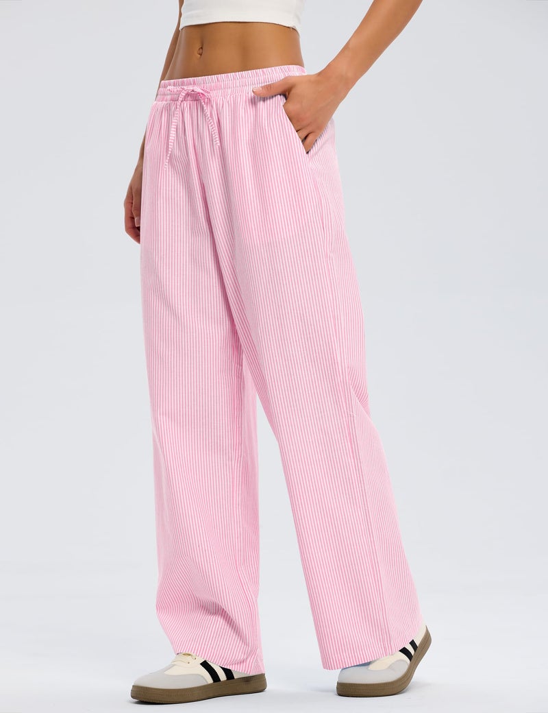 LOMON Spring Summer Pajamas Women Striped Pants Clothes Cute Wide Leg Pj Lounge Boxer Bottoms Elastic Waist Palazzo Trousers with Pockets (Pink Strips, L) - Image 4
