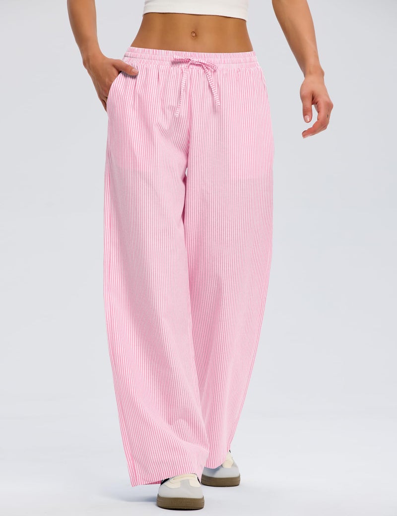 LOMON Spring Summer Pajamas Women Striped Pants Clothes Cute Wide Leg Pj Lounge Boxer Bottoms Elastic Waist Palazzo Trousers with Pockets (Pink Strips, L) - Image 2