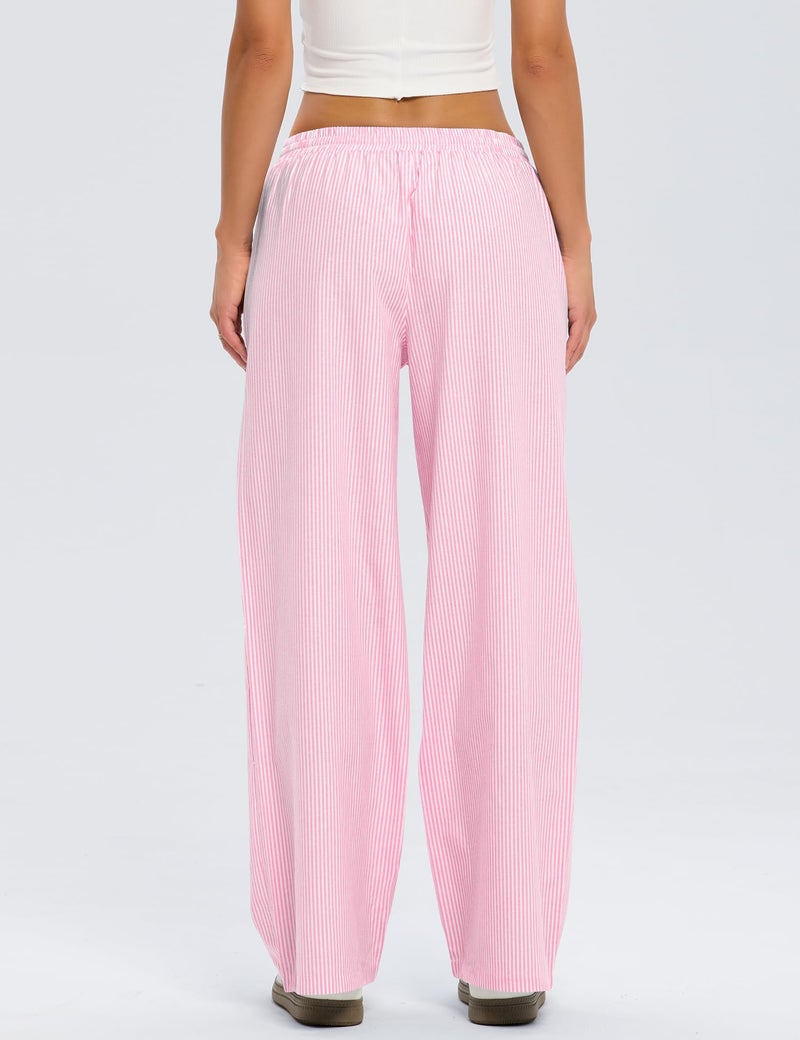 LOMON Spring Summer Pajamas Women Striped Pants Clothes Cute Wide Leg Pj Lounge Boxer Bottoms Elastic Waist Palazzo Trousers with Pockets (Pink Strips, L) - Image 5