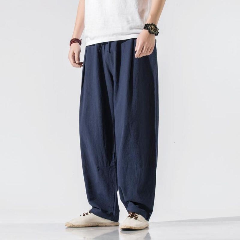 Traditional Chinese Mens Linen Loose Harem Pants Black - Image 1