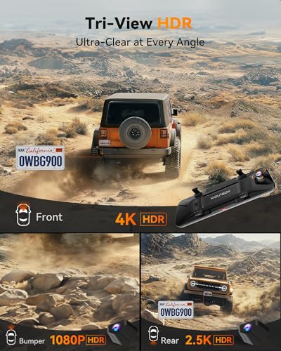 WOLFBOX G900 Tripro Bumper Version 3 Channel 4K Mirror Dash Cam, 8MP STARVIS 2 IMX678 Night Vision, 4K+2.5K+1080P Front and Rear Bumper Dash Cam, 5.8GHz WiFi, Voice Control, Includes 256GB Card & GPS - Image 2