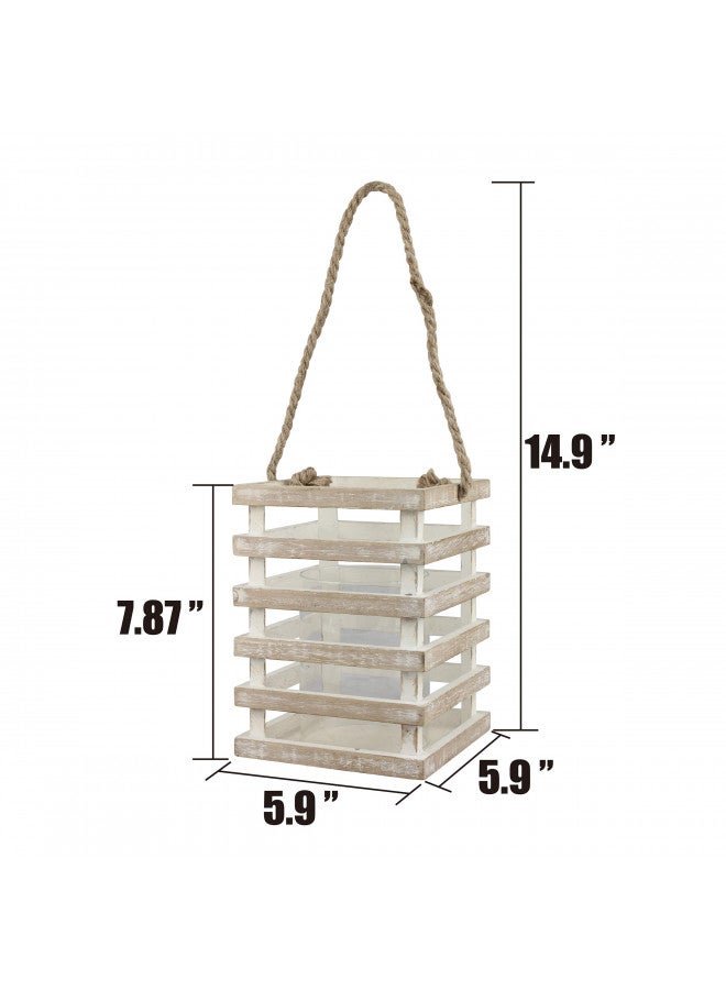 Stonebriar SB-5080B Worn White Wooden Beach House Candle Lantern with Rope Handle and Removable Glass Cylinder Hurricane, MEDIUM - Image 4