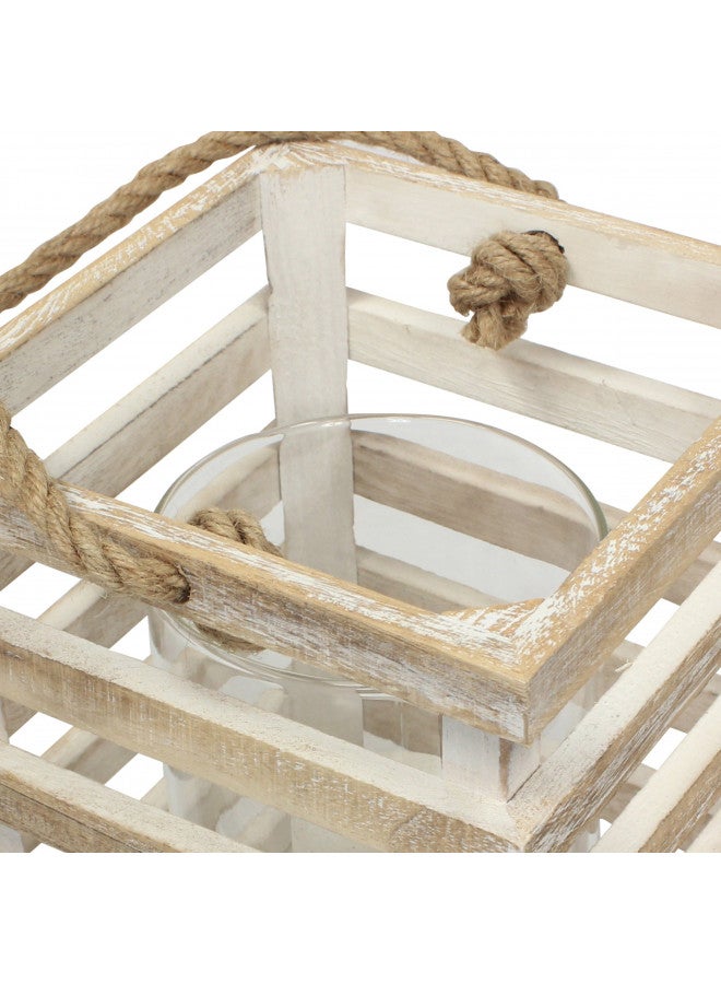 Stonebriar SB-5080B Worn White Wooden Beach House Candle Lantern with Rope Handle and Removable Glass Cylinder Hurricane, MEDIUM - Image 3