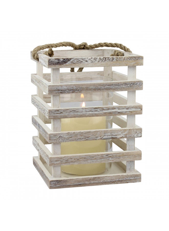 Stonebriar SB-5080B Worn White Wooden Beach House Candle Lantern with Rope Handle and Removable Glass Cylinder Hurricane, MEDIUM - Image 1
