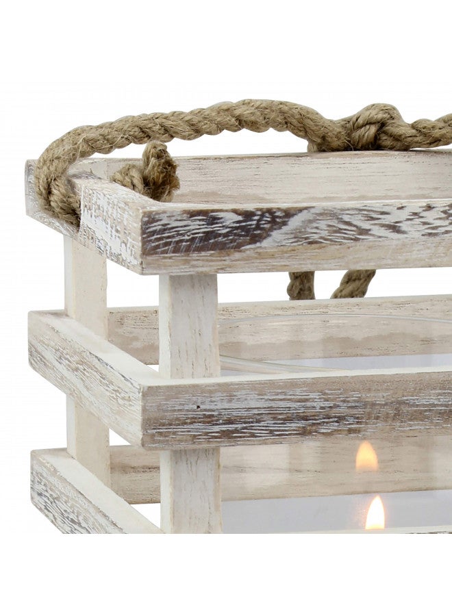 Stonebriar SB-5080B Worn White Wooden Beach House Candle Lantern with Rope Handle and Removable Glass Cylinder Hurricane, MEDIUM - Image 2