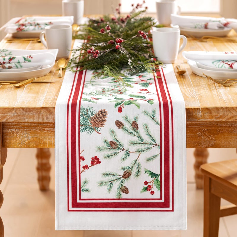 Elrene Home Fashions Winter Holiday Berry Fabric Bordered Table or Console Runner Christmas Table Decor 13 x 70