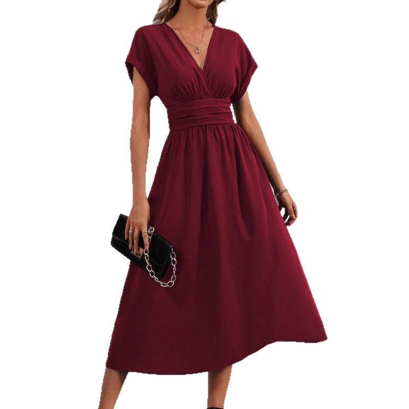 Women's Solid V-Neck Batwing Sleeve Long Dress with Waist Pleats 2026 Summer - Image 5