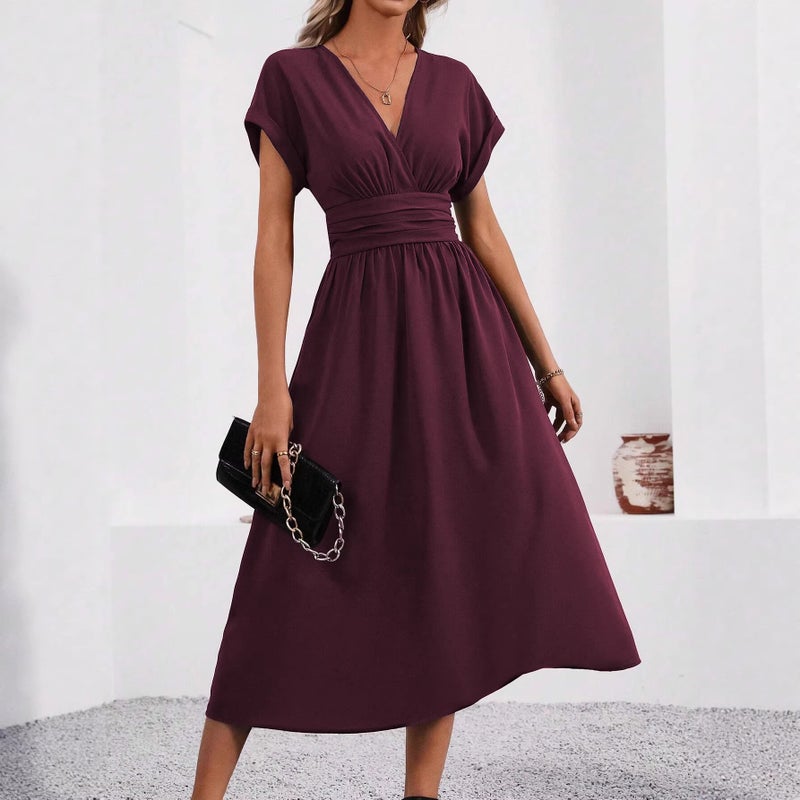 Women's Solid V-Neck Batwing Sleeve Long Dress with Waist Pleats 2026 Summer - Image 2
