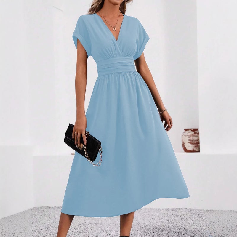 Women's Solid V-Neck Batwing Sleeve Long Dress with Waist Pleats 2026 Summer - Image 3