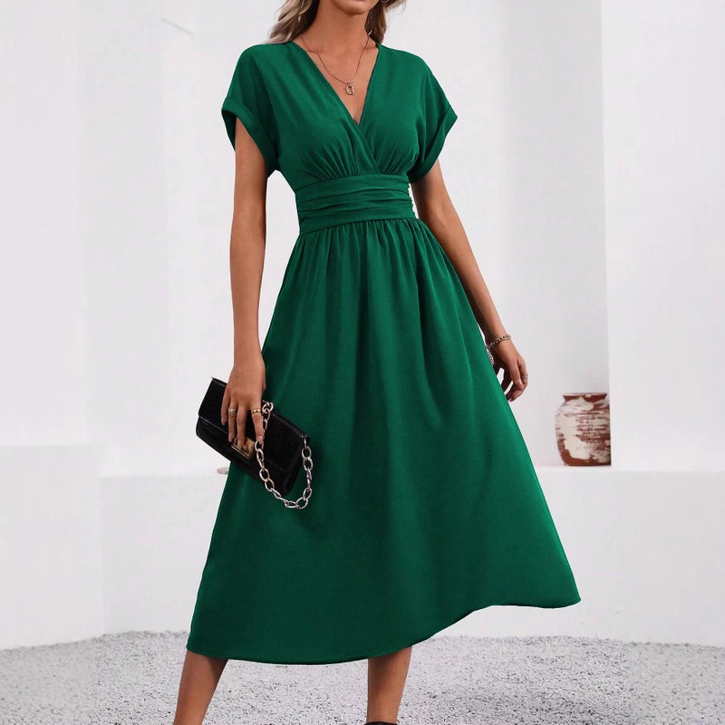Women's Solid V-Neck Batwing Sleeve Long Dress with Waist Pleats 2026 Summer - Image 4