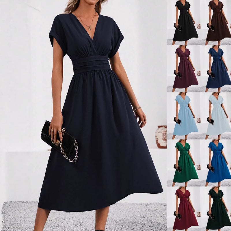 Women's Solid V-Neck Batwing Sleeve Long Dress with Waist Pleats 2026 Summer - Image 1