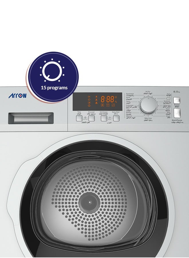 Arrow - 8Kg Heat Pump Clothes Dryer, 15 Programs, LED Display, 170° Door Open Angle, Anti-Crease Function, Round Door Style | Model Name: RO-08GDHS - Image 1