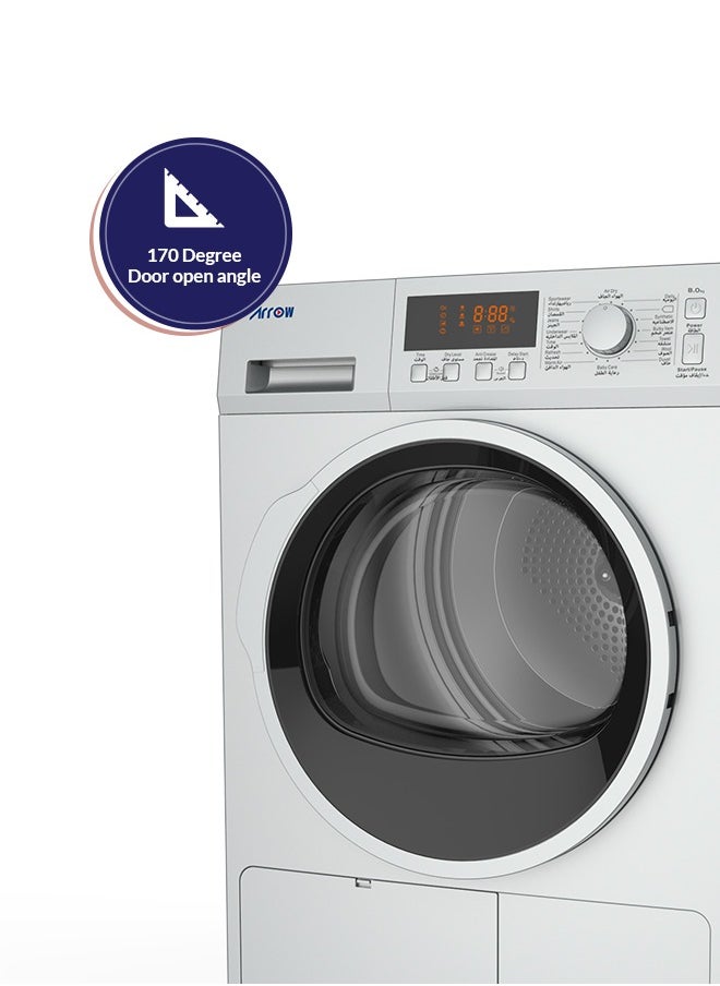 Arrow - 8Kg Heat Pump Clothes Dryer, 15 Programs, LED Display, 170° Door Open Angle, Anti-Crease Function, Round Door Style | Model Name: RO-08GDHS - Image 1