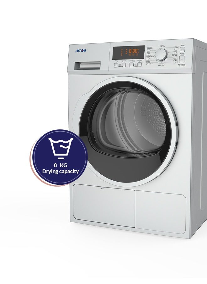 Arrow - 8Kg Heat Pump Clothes Dryer, 15 Programs, LED Display, 170° Door Open Angle, Anti-Crease Function, Round Door Style | Model Name: RO-08GDHS - Image 1