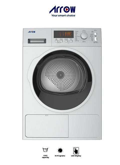8Kg Heat Pump Clothes Dryer, 15 Programs, LED Display, 170° Door Open Angle, Anti-Crease Function, Round Door Style | Model Name: RO-08GDHS