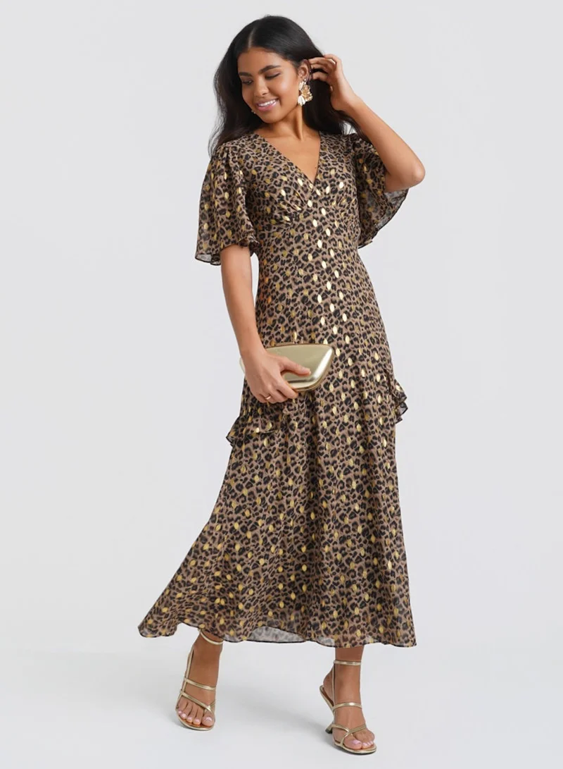 Needs No Label  Ruffle Animal Foil Midi Dress for Women | Best Price UAE