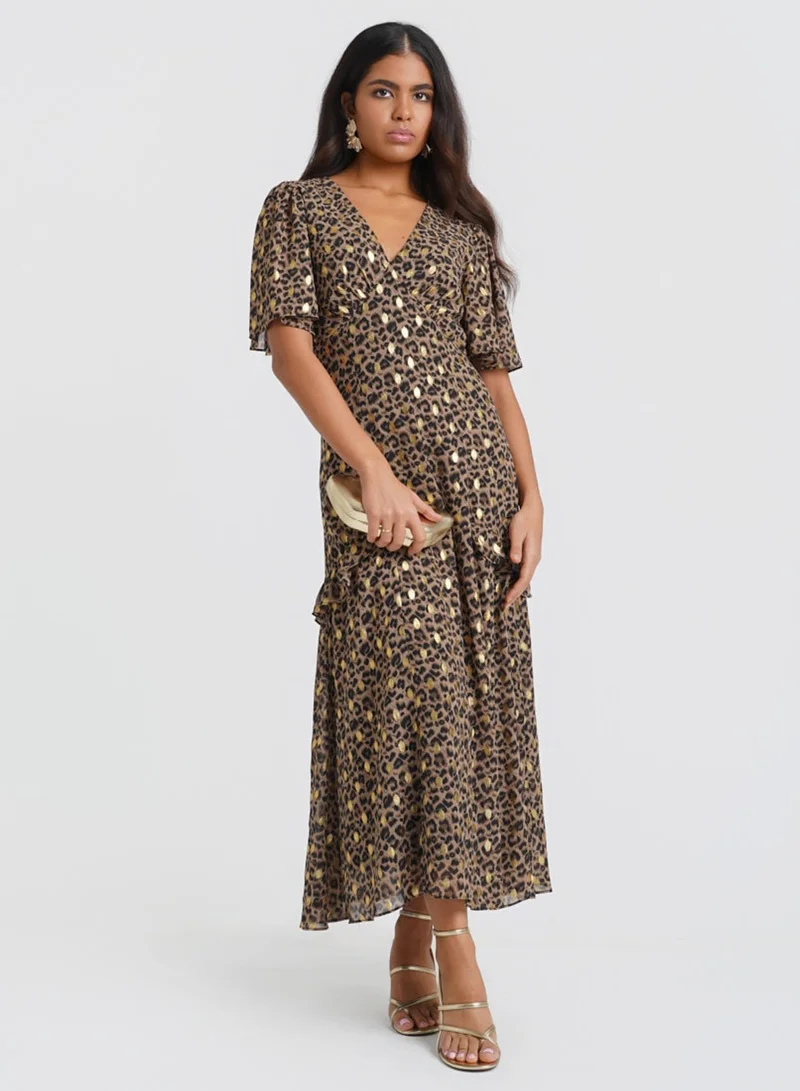 Ruffle Animal Foil Midi Dress